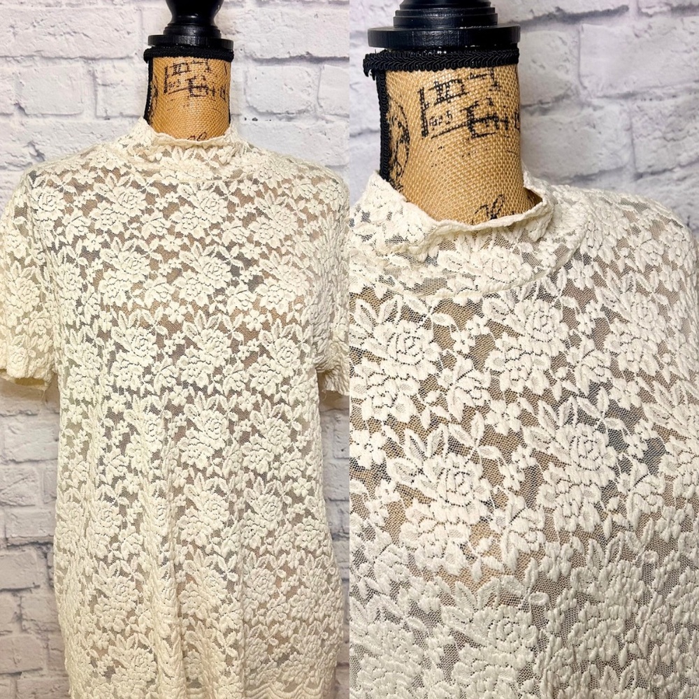 Jones New York Lace Blouse Top Cream Fall Floral Sheer MockNeck Layering Boho